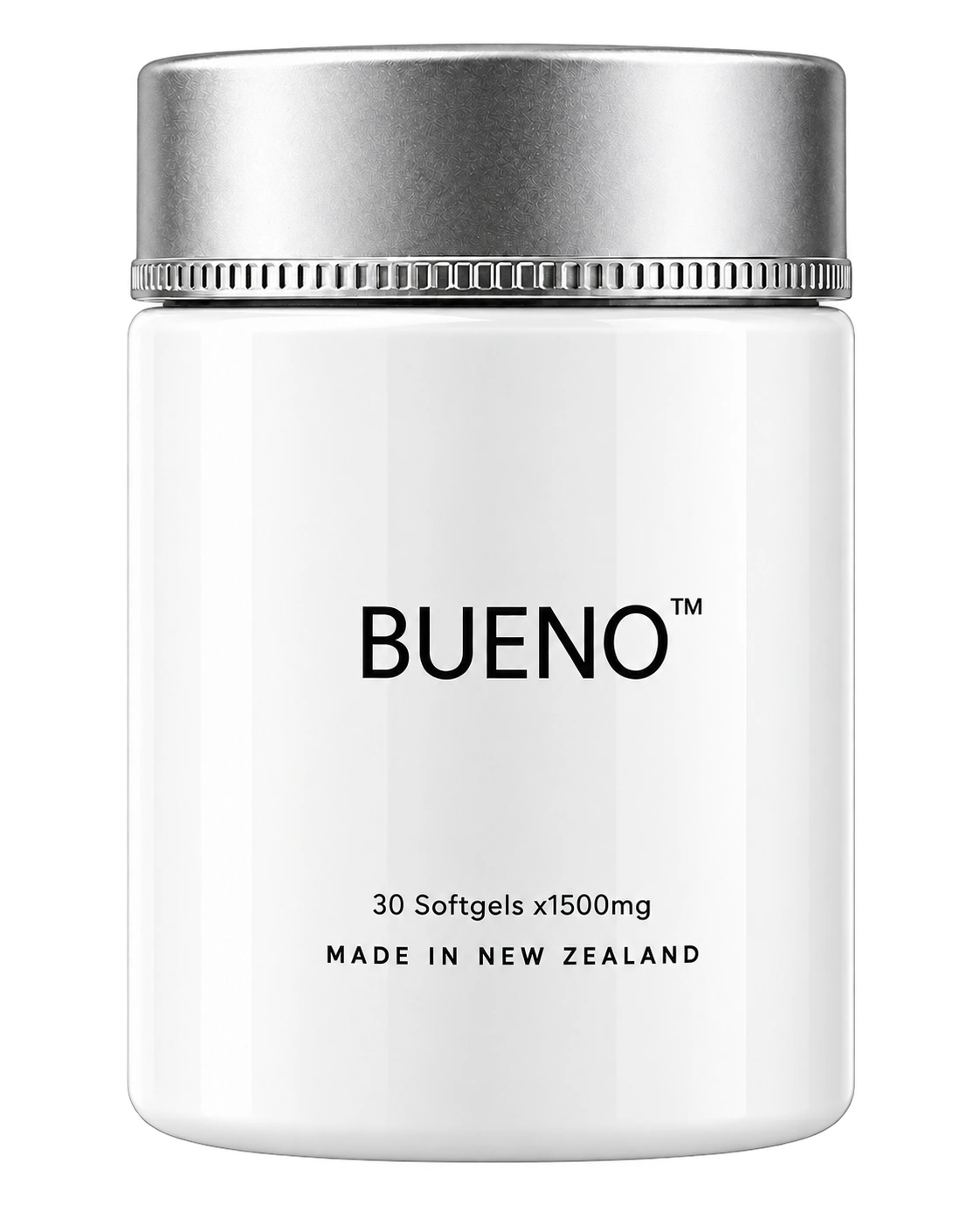 BUENO 白色瓶身与银色瓶盖，正面产品摄影