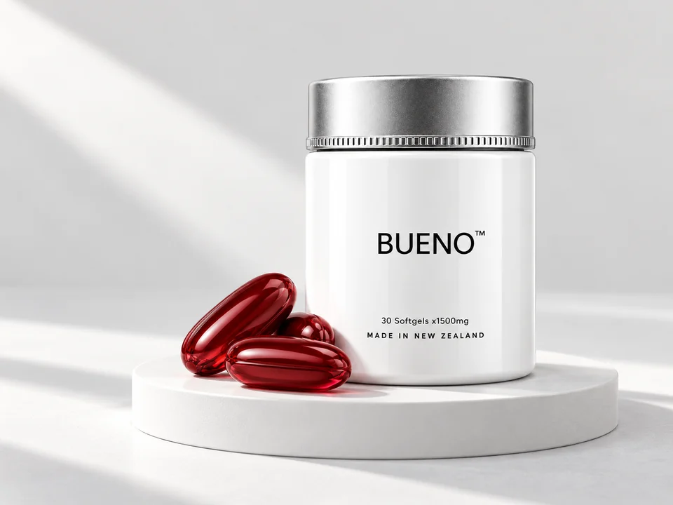 BUENO 白色瓶身、银色瓶盖与酒红软胶囊的现有产品主图